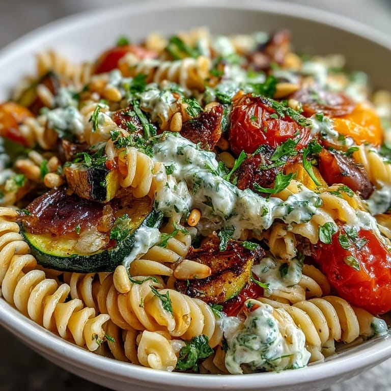 Close-up of a vibrant Whole Wheat Pasta Bowl, showcasing al dente pasta coated in creamy sauce and caramelized cherry tomatoes.