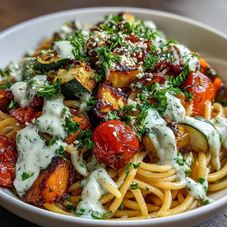 A generous bowl of Chickpea Pasta Bowl with colorful zucchini, bell peppers, and a drizzle of tahini.