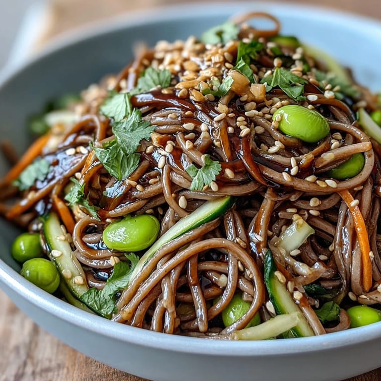 Vibrant vegetarian soba noodle bowl featuring julienned carrots and cucumber, drizzled with creamy sesame dressing, ready to serve on a wooden table.