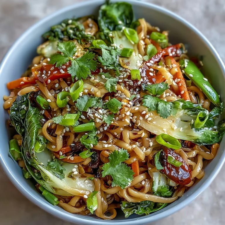 Quick stir-fry of Shirataki Noodle Bowl featuring bok choy, bell peppers, and a savory ginger glaze.