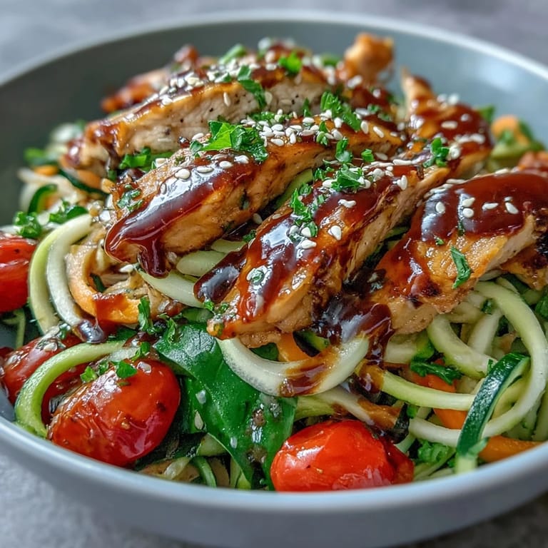Colorful Spiralized Vegetable Bowl featuring spiralized sweet potato and zucchini noodles tossed with fresh baby spinach and a drizzle of tangy lemon tahini sauce.