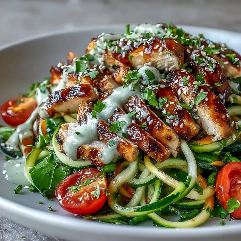 Healthy Spiralized Vegetable Bowl with grilled chicken, spiralized carrots, and herbs, served in a white bowl with toasted sesame seeds for a gluten-free meal.