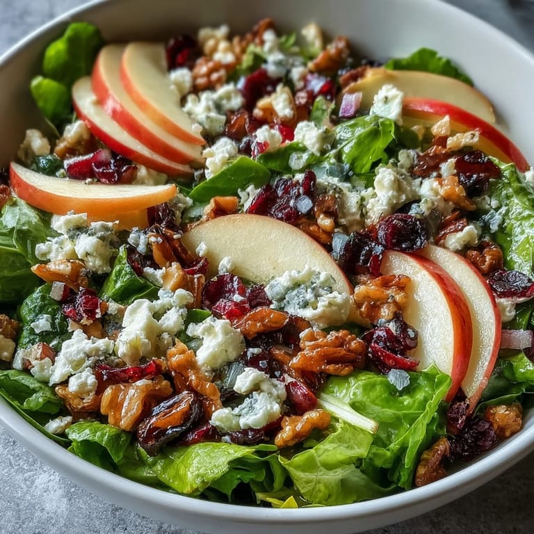 Colorful Mixed Greens and Apple Bowl featuring crisp apple slices, red onion, and dried cranberries tossed in a glass salad bowl.