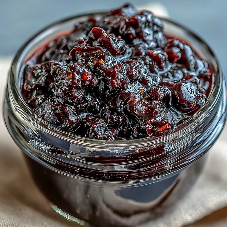 A freshly baked scone topped with glistening Homemade Black Currant Jam and a dollop of clotted cream, ready to enjoy.