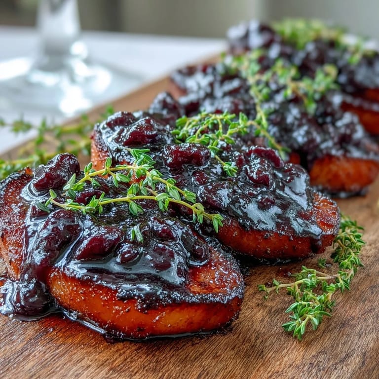 Brushed Black Currant Glaze over roasted pork, adding a sticky, tangy-sweet finish and deep purple sheen to the meat.