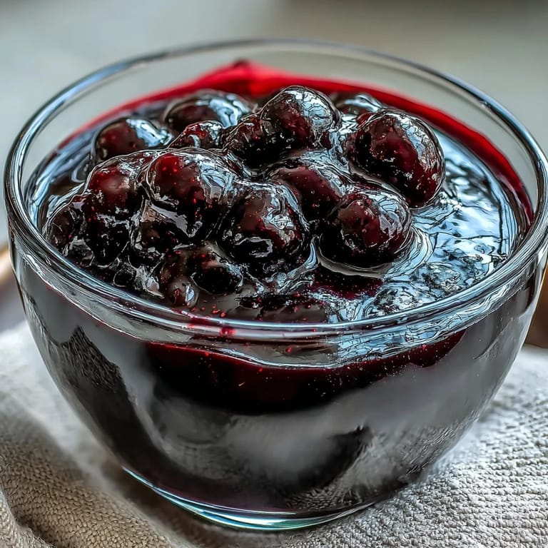 Glossy, vibrant Black Currant Sauce being drizzled over a slice of creamy vanilla cheesecake.