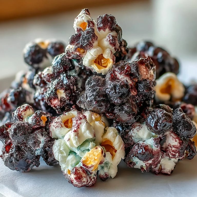 Freshly made Black Currant Cheesecake Kettle Corn spilling from a pot, showcasing glossy kernels and a vibrant purple hue.