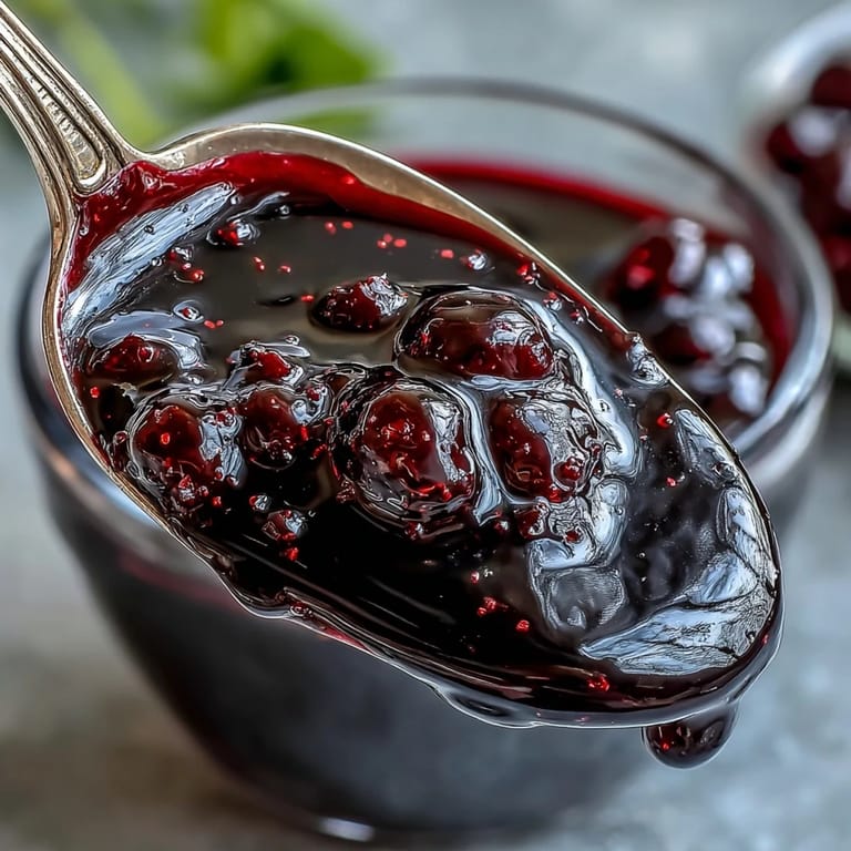 A small glass pitcher of rich purple Black Currant Syrup being drizzled over a stack of fluffy pancakes.