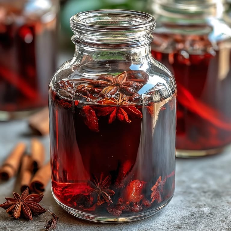 A large sterilized jar filled with Homemade Spiced Blackcurrant Vodka Liqueur ingredients like blackcurrants, spices, and vodka ready to infuse on a kitchen counter. 