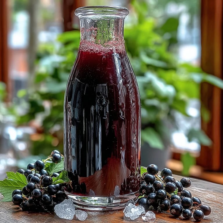 A jar of Easy Blackcurrant Liqueur infusing with crushed blackcurrants and sugar, ready to strain after weeks of steeping.