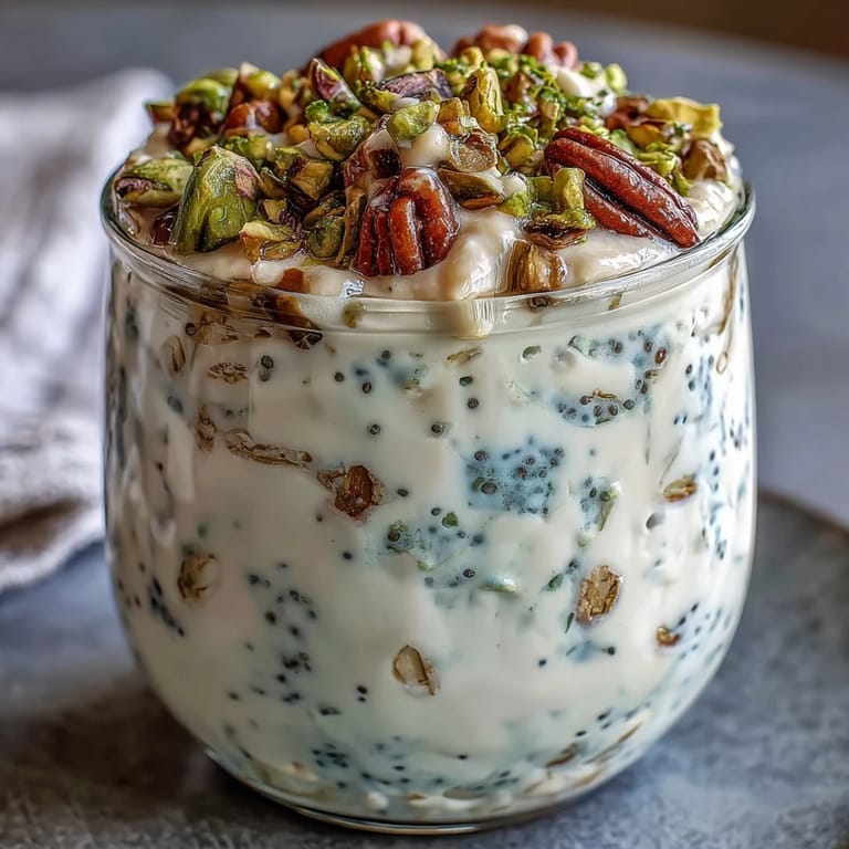 A spoon digs into the chilled jar revealing the textured, nutty breakfast.