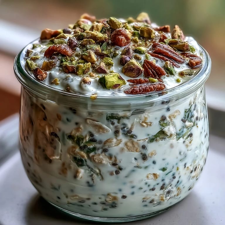 Protein-rich pistachio overnight oats topped with fruit and a honey drizzle.