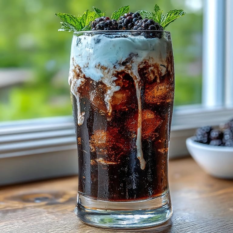 Creamy Midnight Malibu Dirty Soda topped with floating coconut cream and a fresh blackberry garnish.