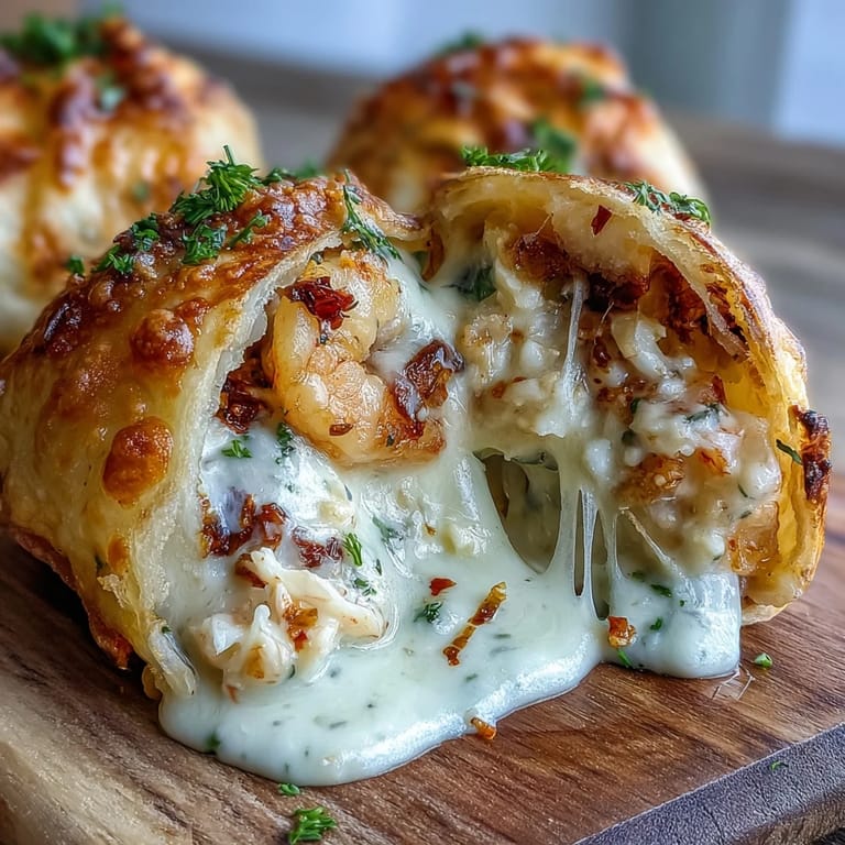 Cheesy Seafood Tortilla Bombs bubbling with crab and shrimp filling, drizzled with garlic cream sauce.