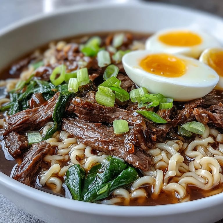 Steaming bowl of slow cooker beef ramen noodles featuring soft-boiled eggs and chili oil drizzle for a cozy meal.