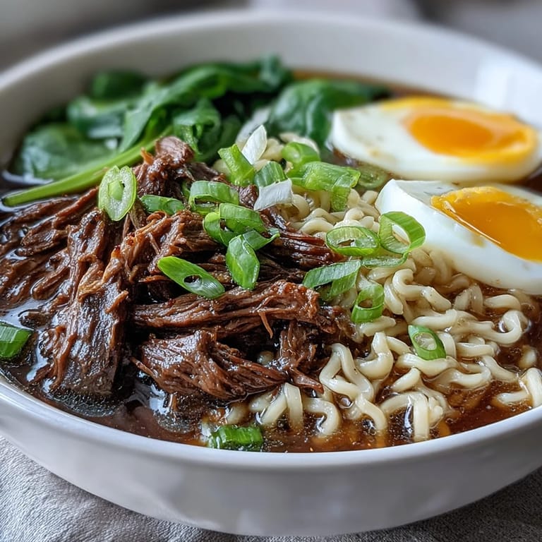 Homemade slow cooker beef ramen noodles with chewy noodles and aromatic broth, served with colorful vegetables and garnishes.