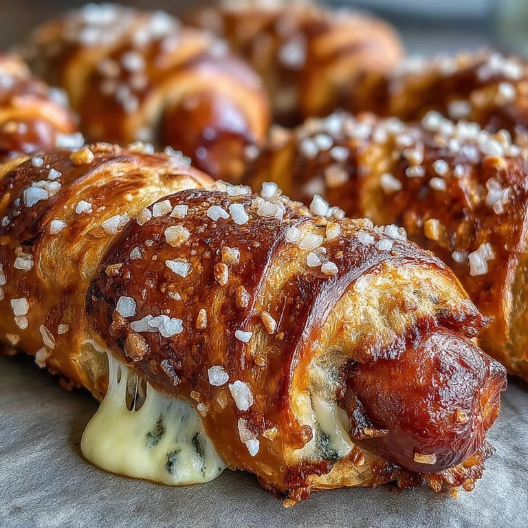Soft Baked Cheesy Pretzel Dogs resting on parchment, ooey-gooey cheddar peeking from the pretzel-wrapped hot dog.