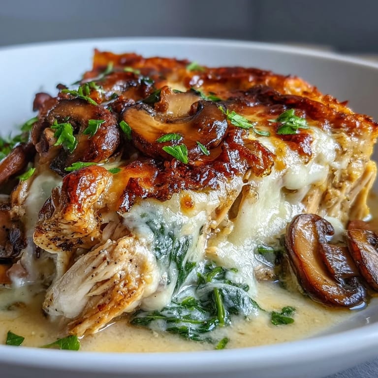 Freshly baked Chicken Spinach & Mushroom Low Carb Oven Dish features creamy sauce, sautéed greens, and golden cheese in a casserole dish. 