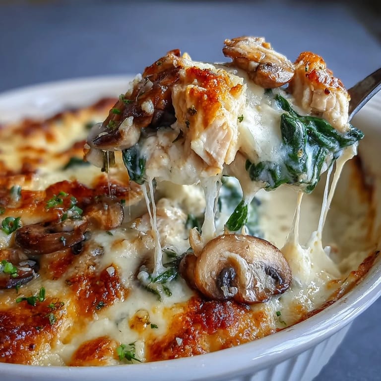 Sliced portions of Chicken Spinach & Mushroom Low Carb Oven Dish reveal tender chicken and mushrooms layered with vibrant spinach and creamy sauce.