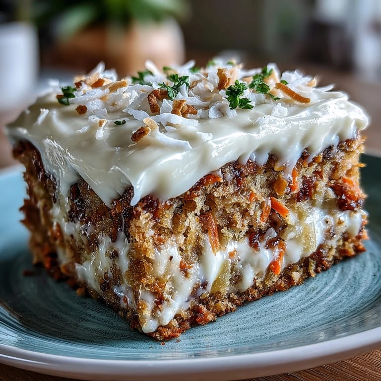 A close view of Christmas Hawaiian Carrot Pineapple Cake reveals rich cream cheese frosting and juicy pineapple tidbits.