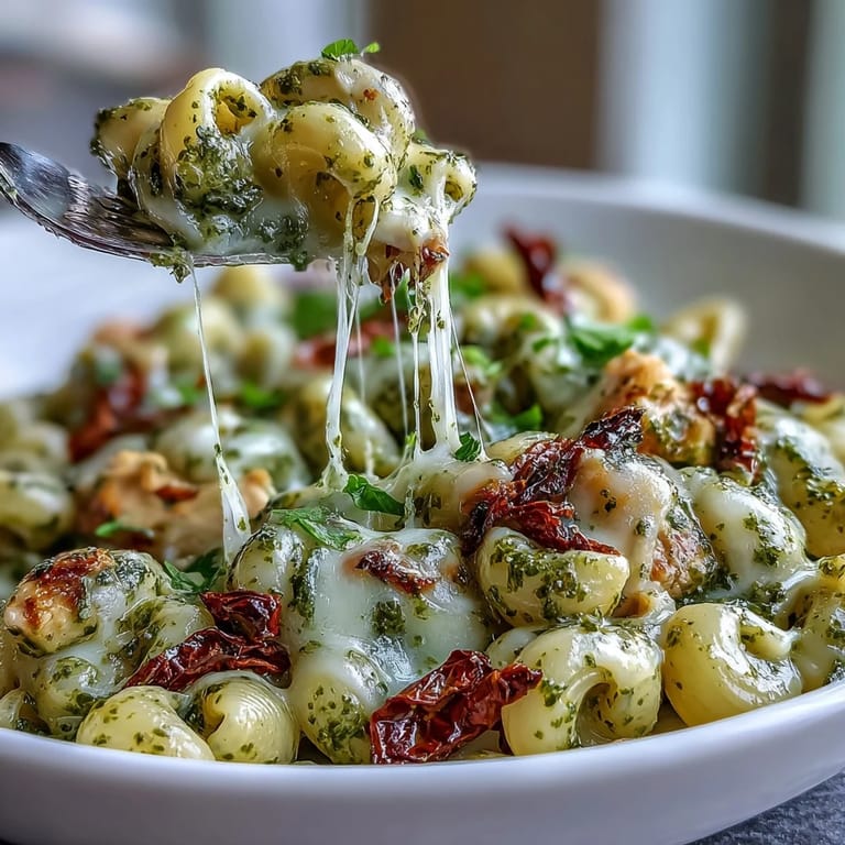 A close-up shows creamy Pesto Chicken Chili Mac garnished with Parmesan and fresh basil.