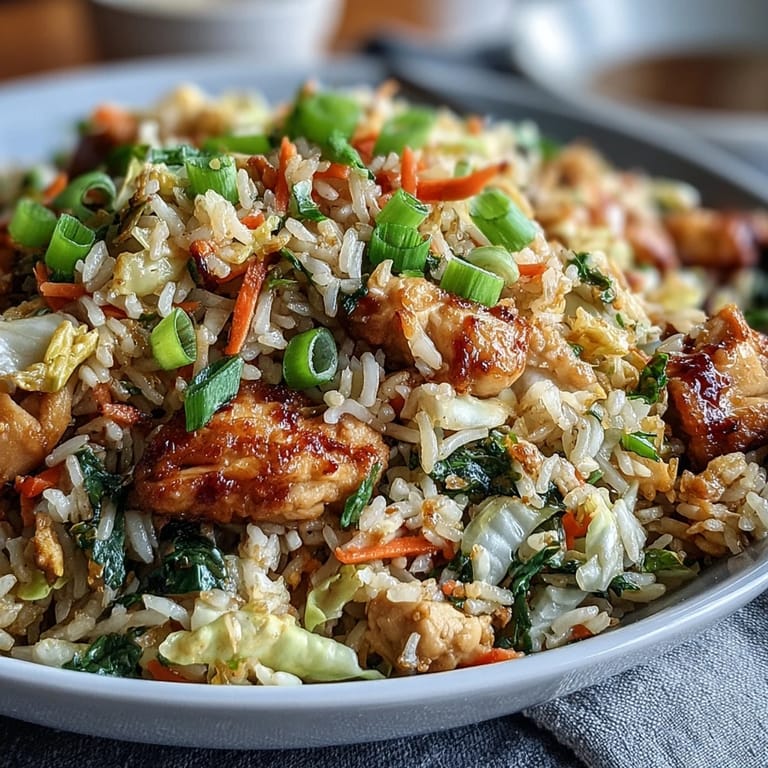 A close-up of a steaming bowl of Egg Roll Fried Rice with Chicken, garnished with fresh green onions and sesame seeds.