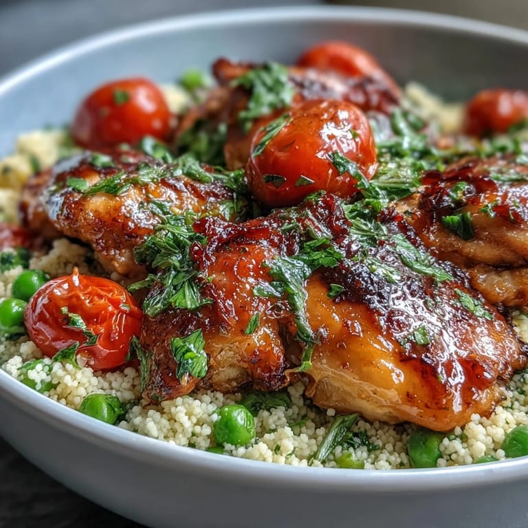 A close-up of One-Pan Garlic Butter Chicken Couscous shows tender chicken and savory couscous with vibrant cherry tomatoes and peas.