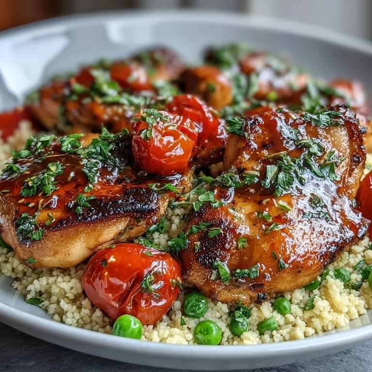 Served steaming in a skillet, this One-Pan Garlic Butter Chicken Couscous features golden chicken, couscous, and lemon wedges on a rustic table.