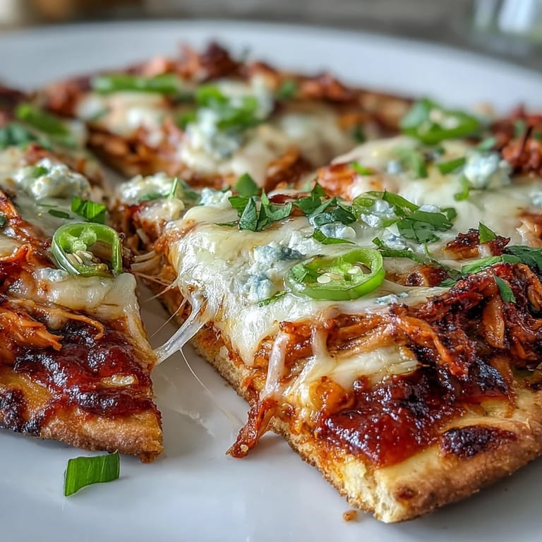 Crispy garlic naan bases are covered in red enchilada sauce and tender shredded chicken for a fusion meal.