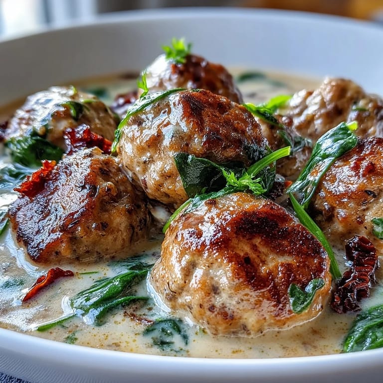 Close-up of Creamy Tuscan Turkey Meatball Soup with tender meatballs, wilted spinach, and sun-dried tomatoes.