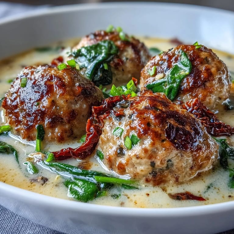 A ladle pours Creamy Tuscan Turkey Meatball Soup next to crusty bread for a hearty meal.