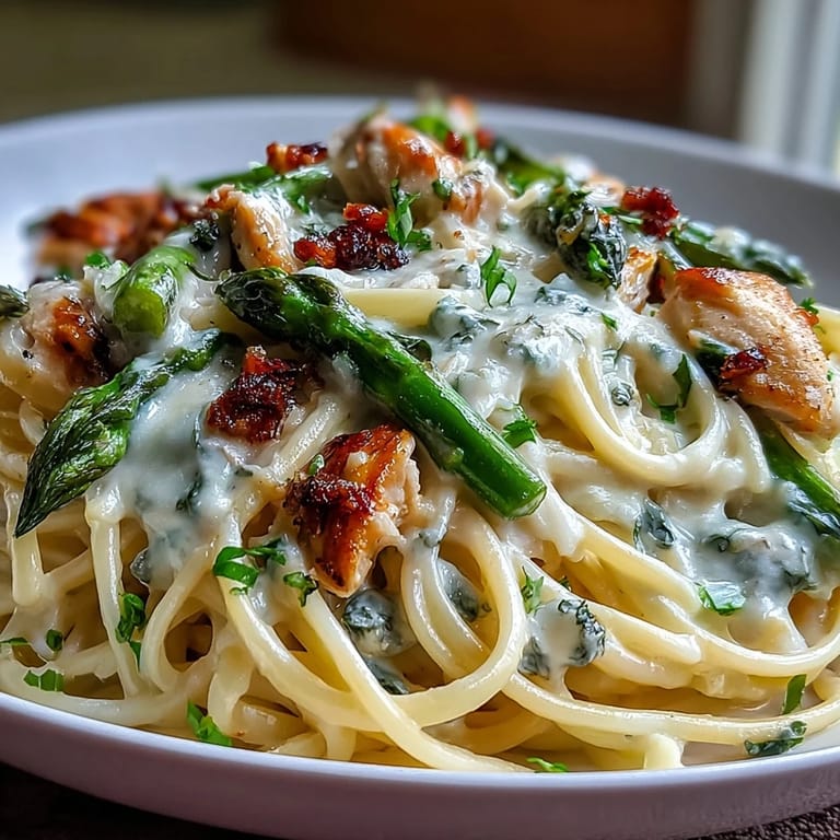 Tender chicken and crispy Asiago-roasted asparagus paired with linguine in a rich, creamy sauce.