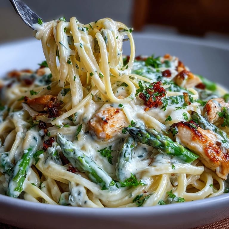 Creamy Asiago Chicken & Asparagus Pasta served steaming hot, garnished with fresh herbs and extra grated Asiago.
