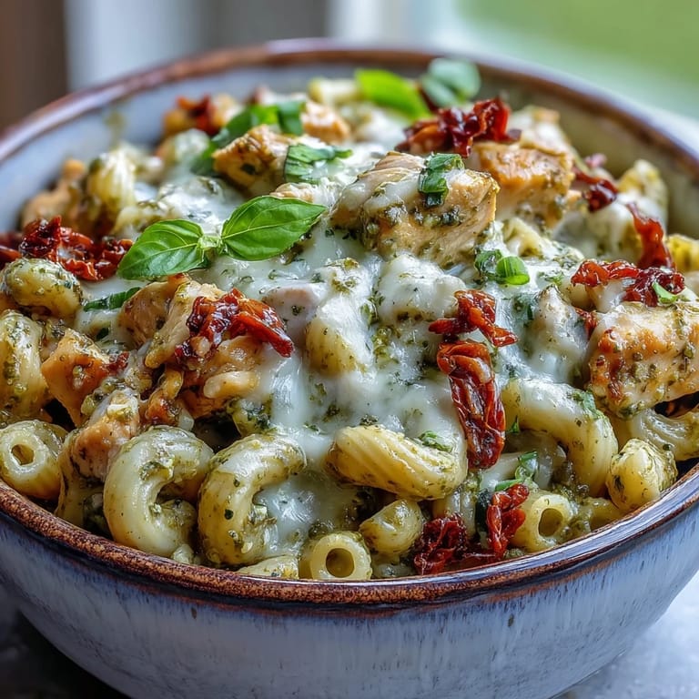 A hearty serving of Pesto Chicken Chili Mac with tender chicken pieces and pasta nestled in a creamy sauce.