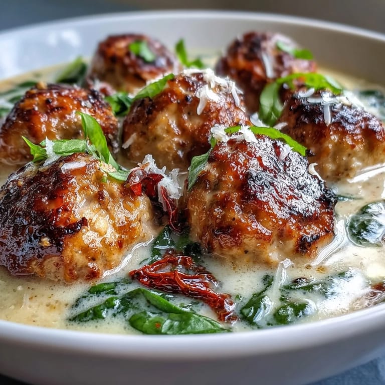Steam rises from a ladle of Creamy Tuscan Turkey Meatball Soup, rich with cream and bright spinach.