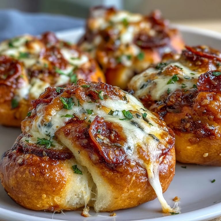 Cheesy pepperoni filling oozes from these homemade Pizza Roll Stuffed Garlic Knots, served beside a bowl of warm marinara. 