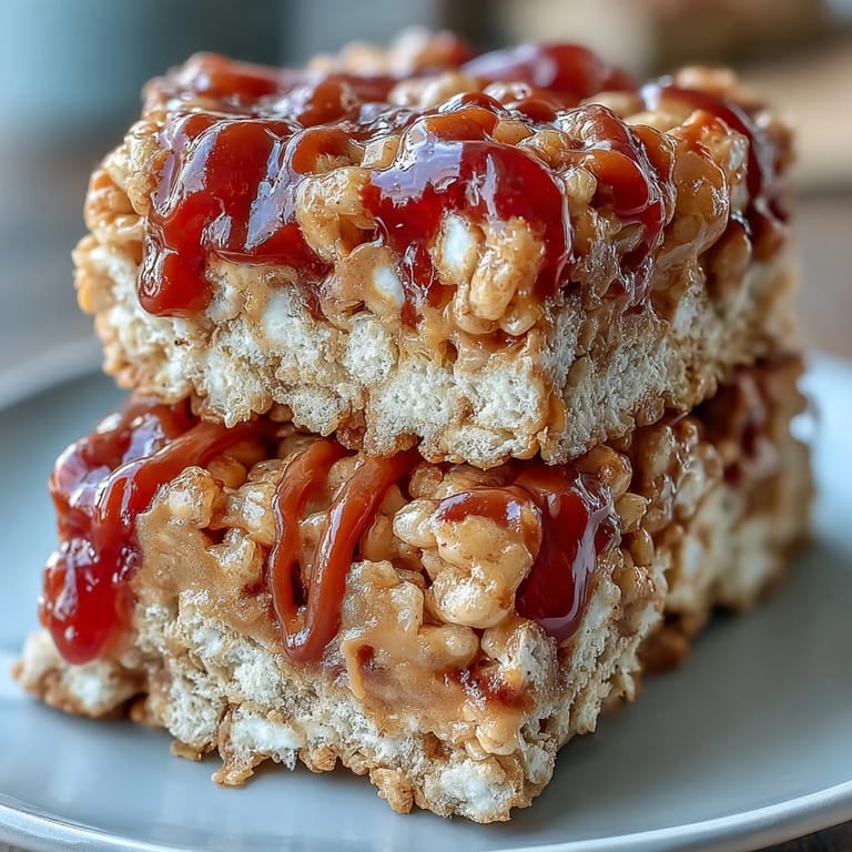 A close-up drizzle of creamy peanut butter protein sauce over these High-Protein PB&J Rice Krispie Bars.