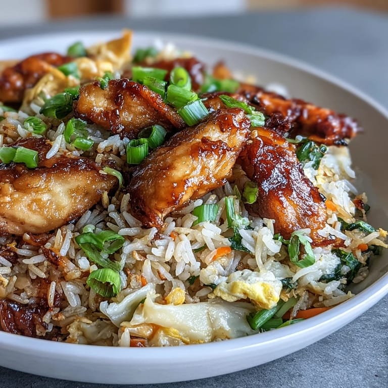 A close-up of sizzling Egg Roll Fried Rice with Chicken in a wok, showcasing tender chicken and vibrant cabbage and carrots.