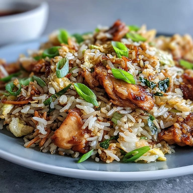 Plate of Egg Roll Fried Rice with Chicken served alongside a crisp Asian-style salad, ready to enjoy for dinner.