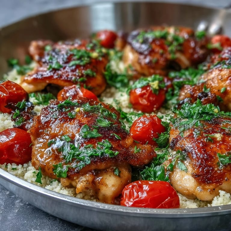 Tender One-Pan Garlic Butter Chicken Couscous simmered in a rich garlic butter sauce, garnished with fresh parsley and lemon wedges.