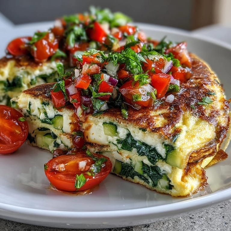 A hearty slice of Light Veggie Egg White Omelette with Salsa filled with spinach, bell peppers, and zucchini.