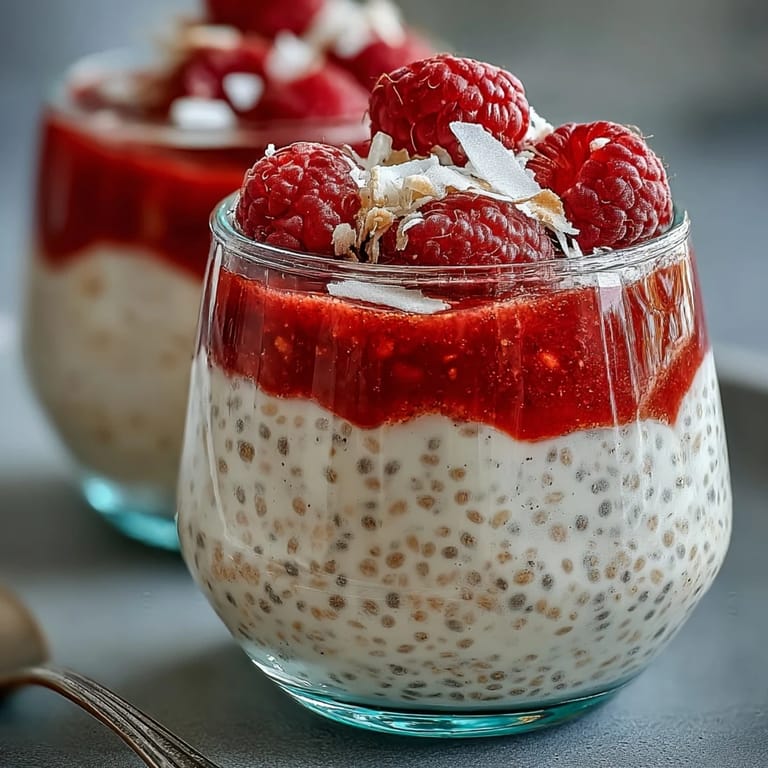 Creamy Vegan Raspberry Coconut Chia Parfaits layered in a glass, topped with fresh berries and mint.