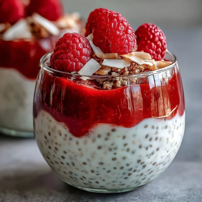 Vibrant Vegan Raspberry Coconut Chia Parfait with raspberry purée and toasted coconut flakes, ready to enjoy.