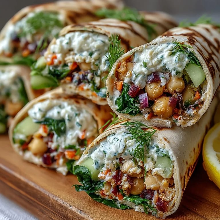 Handheld Vegan Lemon Tahini Chickpea Wraps sit on a wooden board beside lemon wedges, showcasing creamy tahini dressing drizzled over fresh greens.