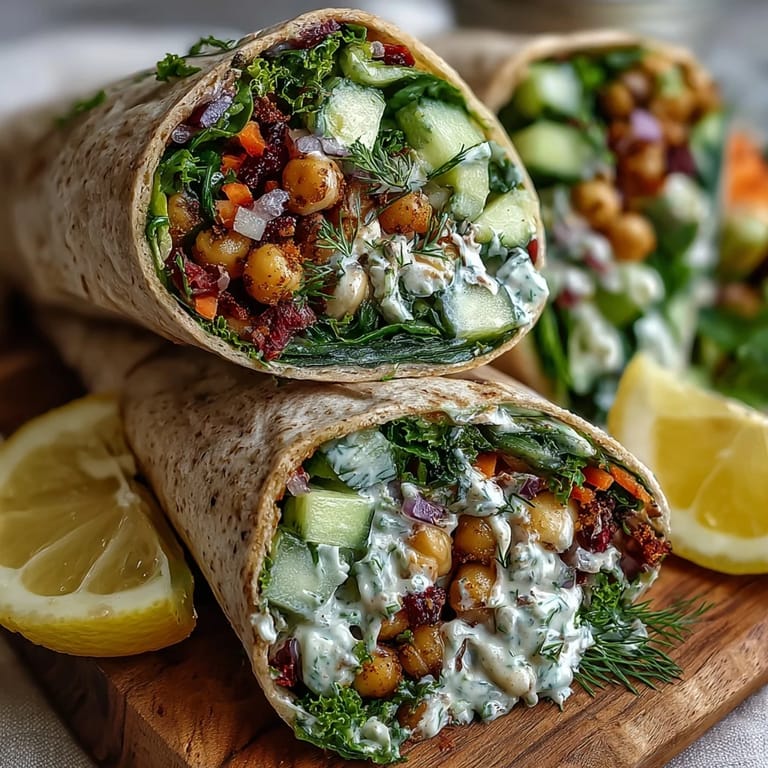 Tightly rolled Vegan Lemon Tahini Chickpea Wraps, cut in half to reveal colorful spinach, carrots, and onion nestled in whole wheat tortillas.