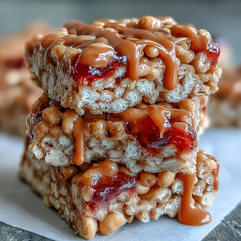 Chewy High-Protein PB&J Rice Krispie Bars cut into squares, showcasing a creamy peanut butter drizzle and sticky strawberry jelly topping on a rustic wooden board.