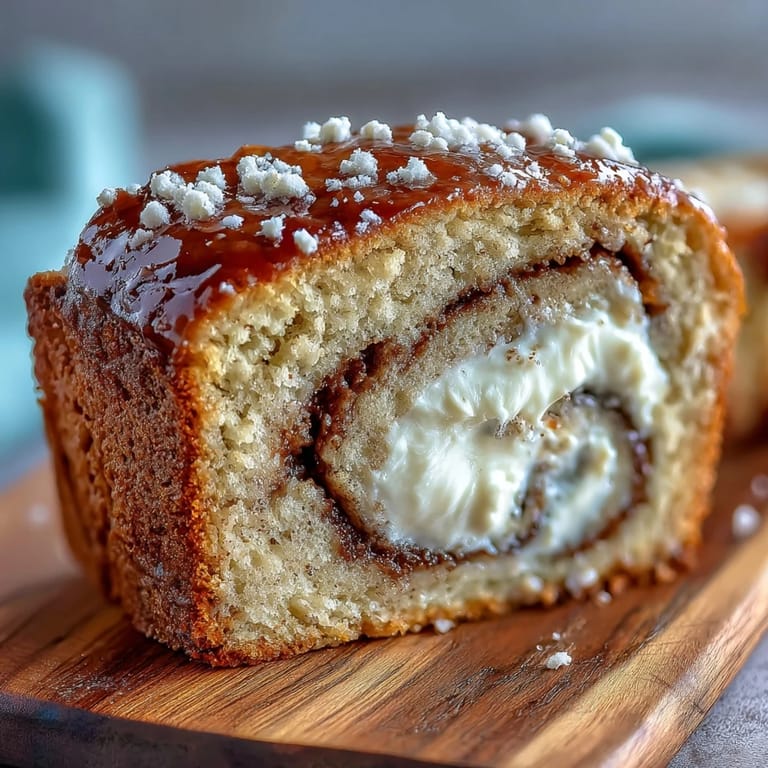 A rich Cream Cheese Cinnamon Swirl Protein Loaf cooled on a wire rack, featuring a thick ribbon of cinnamon cream cheese.