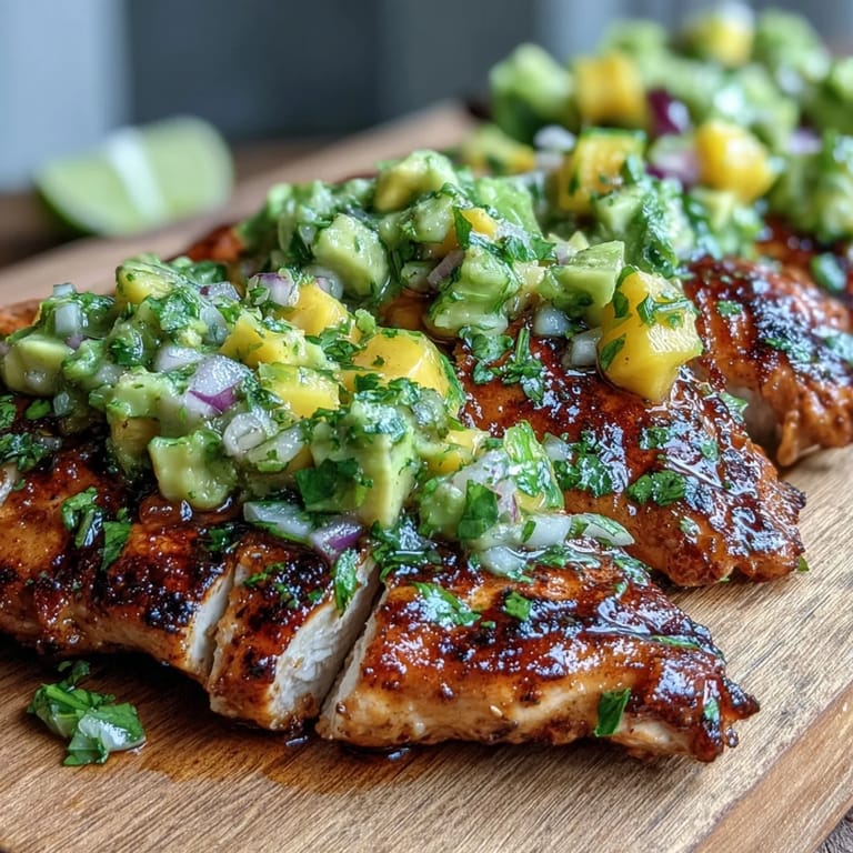 Grilled Chicken with Mango Avocado Salsa ready to eat, featuring charred chicken breasts with vibrant diced mango and avocado.