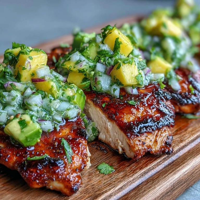 Grilled Chicken with Mango Avocado Salsa served on a white plate, with lime wedges and fresh cilantro garnish nearby.
