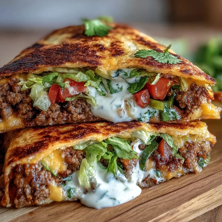 Low-carb tortillas stuffed with beef, cheese sauce, and fresh toppings, crisped to perfection in this Keto Crunchwrap recipe.